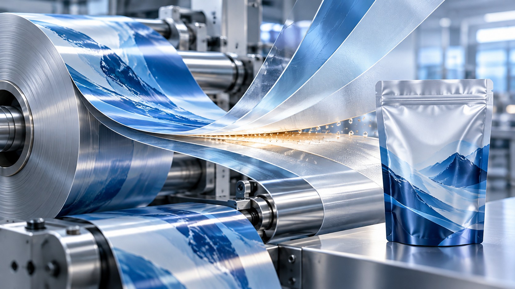 Blue-printed flexible film running through metal rollers beside a silver stand-up pouch.