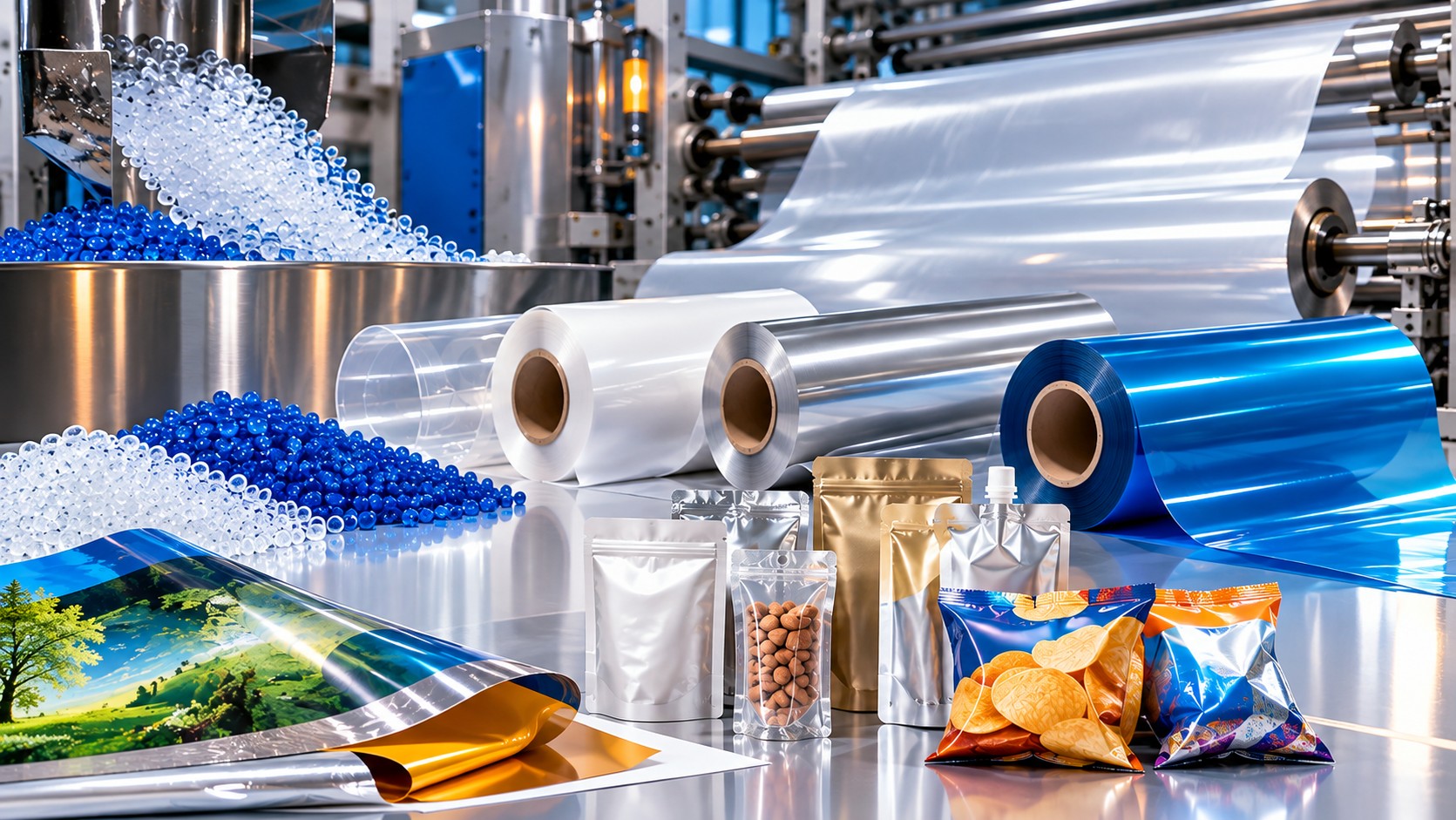 Industrial film-processing machinery, plastic pellets, clear and blue film rolls, printed sheets and flexible packages.