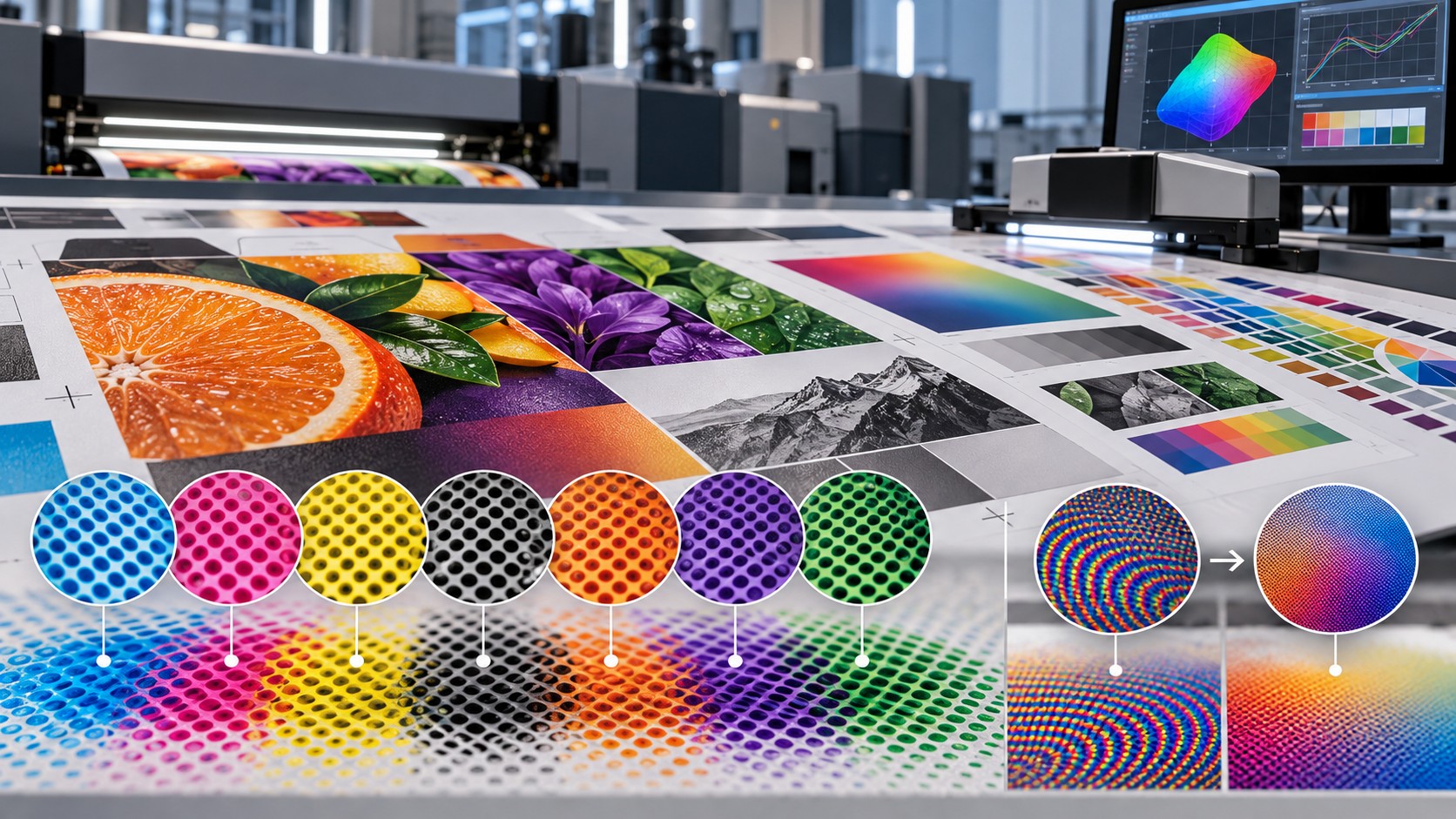 Industrial printing press with colorful test sheets, enlarged halftone dot patterns, and color-analysis graphics on a monitor.
