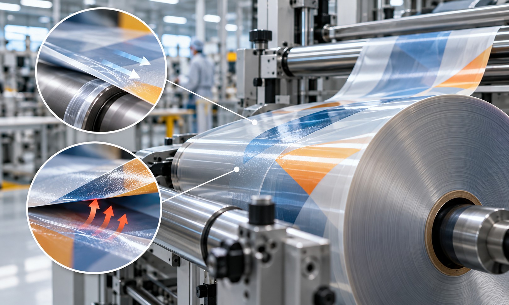 Printed flexible film unwinding through industrial rollers, with magnified insets showing contact between film layers.