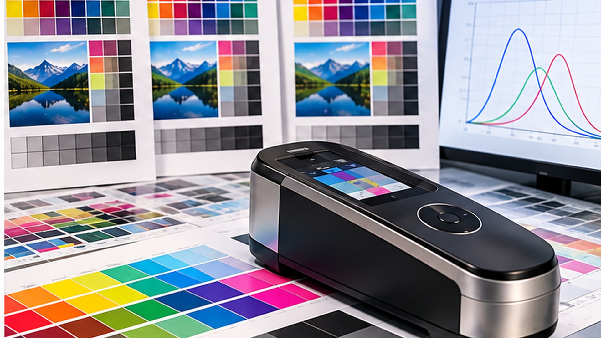 Color measurement instrument on printed color charts beside a monitor displaying spectral curves.