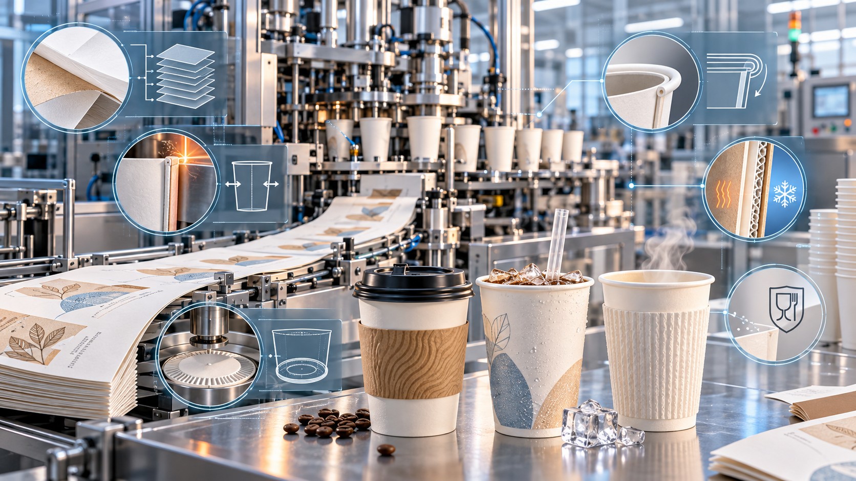 Industrial paper cup production line with printed blanks, finished cup styles, coffee beans, ice cubes and circular process illustrations.