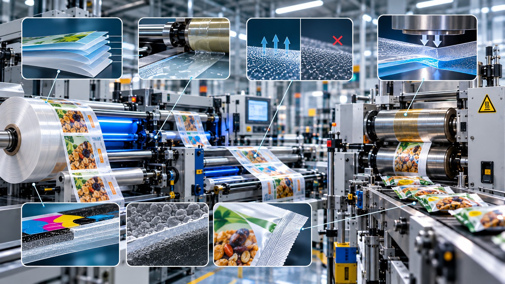 Flexible packaging production line running printed film, surrounded by inset illustrations of coating, release, sealing, and material layers.