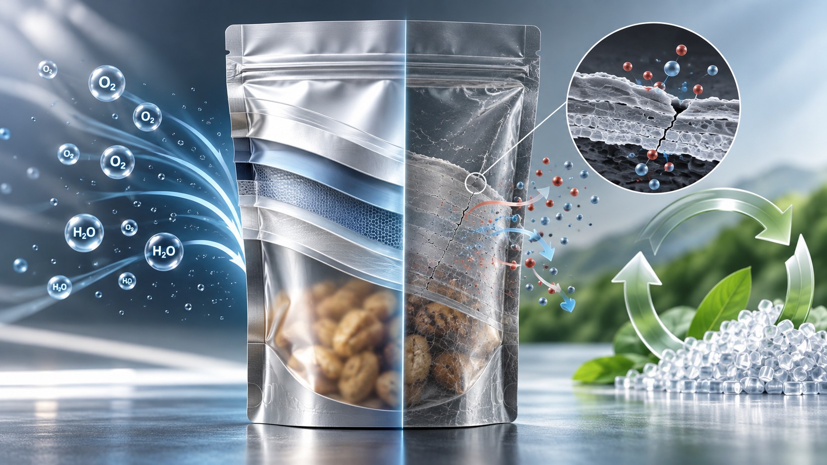 Split stand-up pouch with layered film, a magnified surface crack, molecular symbols, recycling arrows, leaves and plastic pellets.