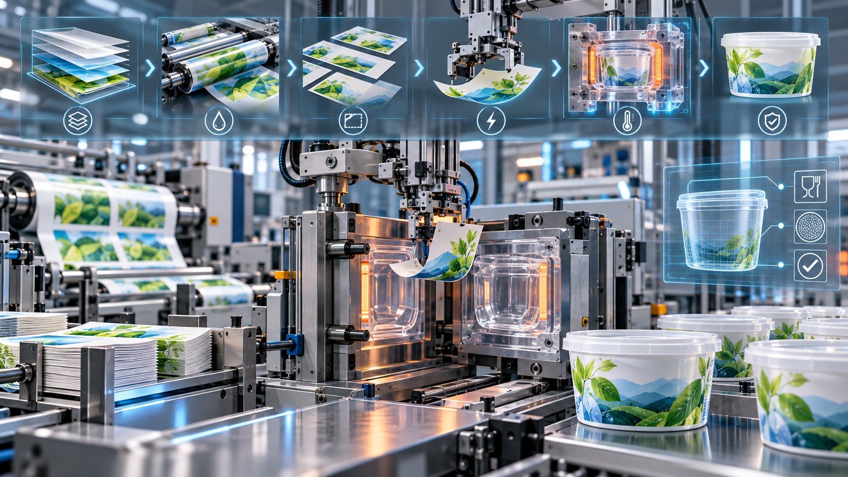 Automated production line with molding equipment, stacked printed labels and decorated plastic tubs